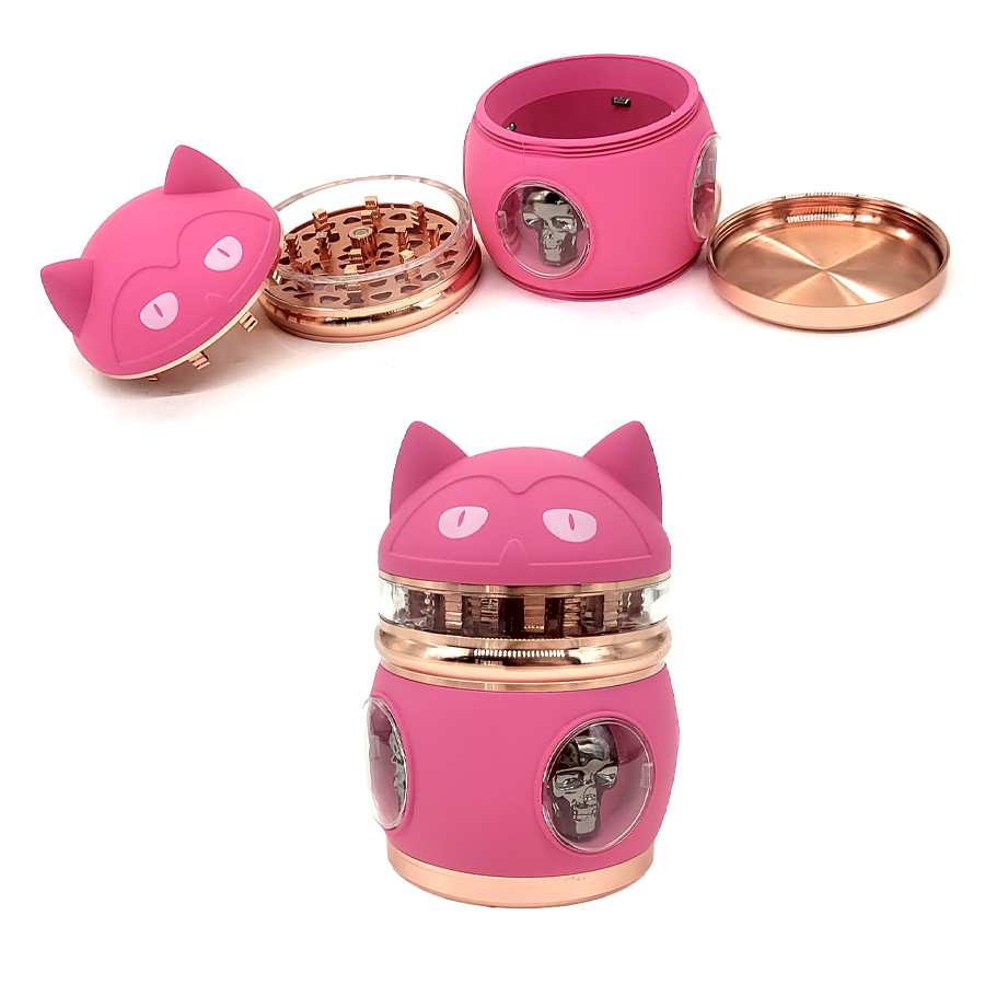 Crushers Cat Shaped See Through Window with Electroplated Skull Head 4 Part Grinder (GR751) | 63mm | Assorted Colors product image